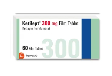 KETILEPT 300 MG 60 FILM TABLET ürün ambalajı, film kaplı tablet formunda ketiapin içerir. Üretici: FARMA-TEK İLAÇ SANAYİ VE TİCARET A.Ş.