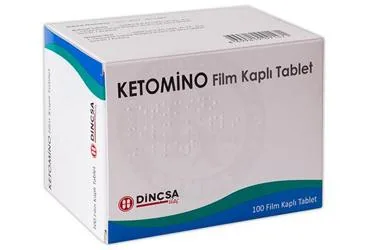 Esansiyel keto aminoasit içeren film kaplı tablet: KETOMINO 100 FILM KAPLI TABLET ürün ambalajı. Üretici: DİNÇSA İLAÇ SAN. VE TİC. A.Ş.
