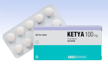 Ketiapin içeren tablet: KETYA 100 MG 30 TABLET kutusu. Üretici: ABDİ İBRAHİM İLAÇ SANAYİ VE TİCARET A.Ş.
