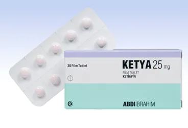KETYA 25 MG 30 FILM TABLET kutusu, film kaplı tablet formunda ketiapin içerir. Üretici: ABDİ İBRAHİM İLAÇ SANAYİ VE TİCARET A.Ş.
