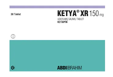 Ketiapin içeren tablet: KETYA XR 150 MG UZATILMIŞ SALIMLI TABLET kutu fotoğrafı. Üretici: ABDİ İBRAHİM İLAÇ SANAYİ VE TİCARET A.Ş.