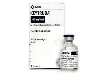 KEYTRUDA 100 MG/4 ML IV INFUZYONLUK COZELTI ambalajı. Pembrolizumab içeren çözelti. Üretici: MERCK SHARP DOHME İLAÇLARI LTD. ŞTİ.