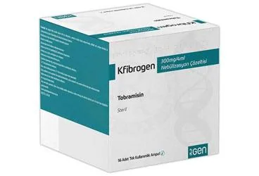 KFIBROGEN 300 MG/4 ML NEBULIZASYON COZELTISI (tobramisin) ürün ambalajı, çözelti. Üretici: GEN İLAÇ VE SAĞLIK ÜRÜNLERİ SAN.VE TİC. A.Ş.