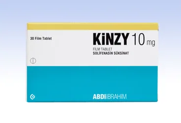 KINZY 10 MG 30 FİLM TABLET kutusu. Solifenasin süksinat içeren film kaplı tablet. Üretici: ABDİ İBRAHİM İLAÇ SANAYİ VE TİCARET A.Ş.