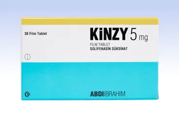Solifenasin süksinat içeren film kaplı tablet: KINZY 5 MG 30 FİLM TABLET ambalajı. Üretici: ABDİ İBRAHİM İLAÇ SANAYİ VE TİCARET A.Ş.
