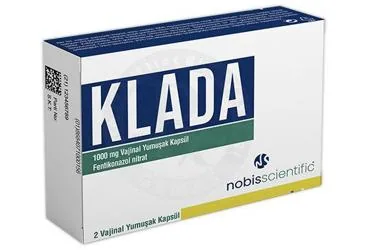 Fentikonazol nitrat içeren kapsül: KLADA 1000 MG VAJINAL YUMUSAK 2 KAPSUL (2 KAPSUL) ürün ambalajı. Üretici: NOBİS SCİENTİFİC İLAÇ SANAYİ VE TİCARET ANONİM ŞİRKETİ.