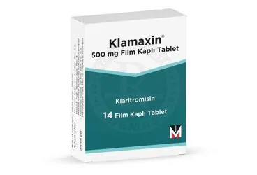 KLAMAXIN 500 MG FILM KAPLI TABLET (14 FILM TABLET) ürün ambalajı, film kaplı tablet formunda klaritromisin içerir. Üretici: MENARİNİ SAĞLIK VE İLAÇ SANAYİ TİCARET ANONİM ŞİRKETİ.