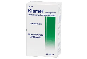 Klaritromisin içeren süspansiyon: KLAMER 125 MG 70 ML SÜSPANSİYON kutu fotoğrafı. Üretici: ATABAY KİMYA SANAYİ VE TİC. A.Ş.