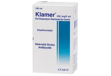 KLAMER 250 MG 100 ML SÜSPANSİYON (klaritromisin) ambalajı, süspansiyon. Üretici: ATABAY KİMYA SANAYİ VE TİC. A.Ş.