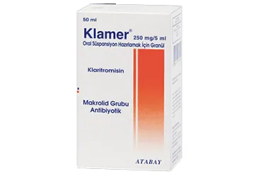 KLAMER 250 MG 50 ML SÜSPANSİYON ürün ambalajı, süspansiyon formunda klaritromisin içerir. Üretici: ATABAY KİMYA SANAYİ VE TİC. A.Ş.