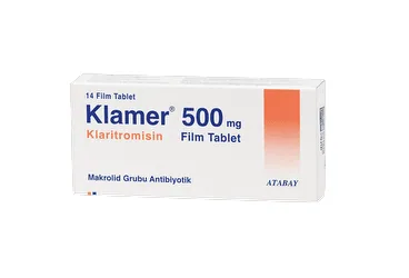 KLAMER 500 MG 14 FİLM TABLET (klaritromisin) ürün ambalajı, film kaplı tablet. Üretici: ATABAY KİMYA SANAYİ VE TİC. A.Ş.