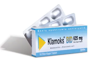 Amoksisilin + klavulanik asit içeren film kaplı tablet: KLAMOKS 625 MG 10 FİLM TABLET ürün ambalajı. Üretici: BİLİM İLAÇ SANAYİİ VE TİCARET A.Ş.