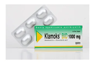 Amoksisilin + klavulanik asit içeren tablet: KLAMOKS BID 1 GR 10 TABLET kutu fotoğrafı. Üretici: BİLİM İLAÇ SANAYİİ VE TİCARET A.Ş.