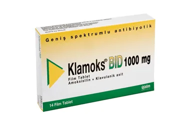 KLAMOKS BID 1000 MG 14 FİLM TABLET ürün ambalajı, film kaplı tablet formunda amoksisilin + klavulanik asit içerir. Üretici: BİLİM İLAÇ SANAYİİ VE TİCARET A.Ş.