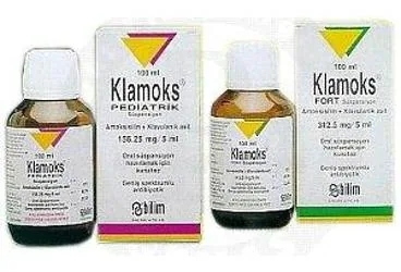 Amoksisilin + klavulanik asit içeren oral süspansiyon: KLAMOKS FORT 312,5 MG ORAL SUSPANSIYON HAZIRLAMAK ICIN KURU TOZ 100 ML ürün ambalajı. Üretici: BİLİM İLAÇ SANAYİİ VE TİCARET A.Ş.
