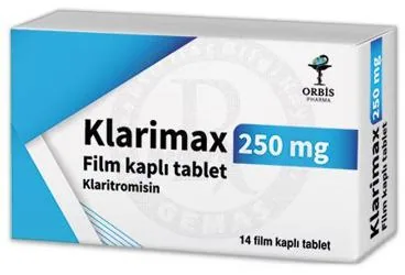 KLARIMAX 250 MG FİLM KAPLI TABLET (14 TABLET) kutu fotoğrafı. Klaritromisin içeren film kaplı tablet. Üretici: ORBİS PHARMA İLAÇ VE KİMYA KOZMETİK MEDİKAL SANAYİ TİCARET LİMİTED ŞİRKETİ.