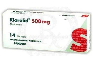 KLAROLİD 500 MG FİLM TABLET (14 TABLET) kutusu. Klaritromisin içeren film kaplı tablet. Üretici: BERKO İLAÇ VE KİMYA SAN. A.Ş.