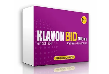 KLAVON BID 1000 MG 10 FILM KAPLI TABLET (amoksisilin + klavulanik asit) ürün ambalajı, film kaplı tablet. Üretici: HÜSNÜ ARSAN İLAÇLARI A.Ş.