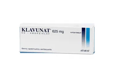 KLAVUNAT 625 MG 10 TABLET ürün ambalajı. Amoksisilin + klavulanik asit içeren tablet. Üretici: ATABAY KİMYA SANAYİ VE TİC. A.Ş.
