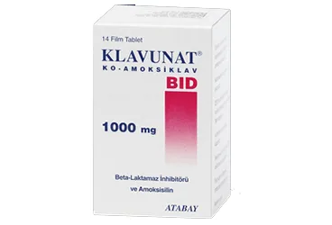 Amoksisilin + klavulanik asit içeren tablet: KLAVUNAT BID 1GR 14 TABLET ürün ambalajı. Üretici: ATABAY KİMYA SANAYİ VE TİC. A.Ş.