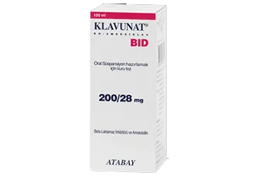 KLAVUNAT BID 200/28 MG 100 ML ORAL SUSPANSIYON ürün ambalajı, oral süspansiyon formunda amoksisilin + klavulanik asit içerir. Üretici: ATABAY KİMYA SANAYİ VE TİC. A.Ş.