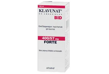 KLAVUNAT BID 400/57 MG 100 ML ORAL SUSPANSIYON (amoksisilin + klavulanik asit) ürün ambalajı, oral süspansiyon. Üretici: ATABAY KİMYA SANAYİ VE TİC. A.Ş.