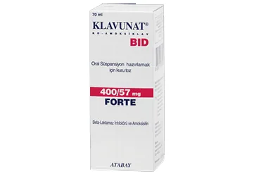 KLAVUNAT BID 400/57 MG 70 ML ORAL SUSPANSIYON ürün ambalajı. Amoksisilin + klavulanik asit içeren oral süspansiyon. Üretici: ATABAY KİMYA SANAYİ VE TİC. A.Ş.