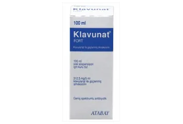 KLAVUNAT FORT 100 ML SÜSPANSİYON (amoksisilin + klavulanik asit) kutusu, süspansiyon. Üretici: ATABAY KİMYA SANAYİ VE TİC. A.Ş.