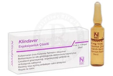 KLINDAVER 600 MG 1 AMPUL kutu fotoğrafı. Klindamisin içeren ampul. Üretici: OSEL İLAÇ SANAYİ VE TİCARET ANONİM ŞİRKETİ.