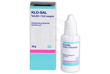 Klobetasol propiyon + salisilik asit içeren KLO-SAL %0,05 + %3 LOSYON (30G) ambalajı. Üretici: ORVA İLAÇ SAN. VE TİC. A.Ş.