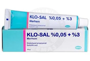 Klobetasol propiyon + salisilik asit içeren merhem: KLO-SAL %0,05 + %3 MERHEM (50 G) ürün ambalajı. Üretici: ORVA İLAÇ SAN. VE TİC. A.Ş.