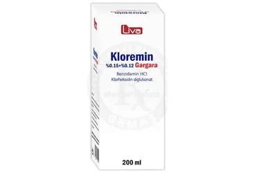 Benzidamin kombinasyonları -oral içeren KLOREMIN %0,15+%0,12 GARGARA (200 ML) ambalajı. Üretici: LİVA İLAÇ PAZARLAMA SAN. VE TİC. A.Ş.