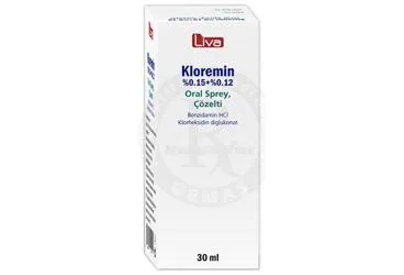 KLOREMIN %0,15+%0,12 ORAL SPREY, COZELTI (30 ML) (benzidamin kombinasyonları -oral) kutusu, çözelti. Üretici: LİVA İLAÇ PAZARLAMA SAN. VE TİC. A.Ş.