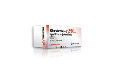 KLOVIREKS-L 250 MG 1 FLAKON (asiklovir) kutusu, flakon. Üretici: GENSENTA İLAÇ SANAYİ VE TİCARET ANONİM ŞİRKETİ.