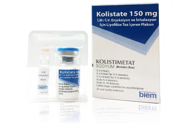 KOLISTATE 150 MG IM/IV ENJ. VE INHALASYON ICIN LIYOFILIZE TOZ ICEREN FLAKON kutusu. Kolistin içeren inhalasyon aerosolü. Üretici: BİEM İLAÇ SAN. VE TİC. A.Ş.