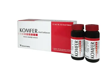 KOMFER 40 MG ORAL COZELTI (10 FLAKON) ambalajı, çözelti formunda ferric proteinsuccinylate içerir. Üretici: KOÇAK FARMA İLAÇ VE KİMYA SANAYİ A.Ş.