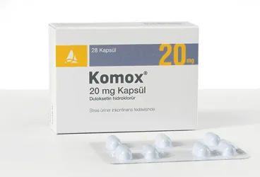 KOMOX 20 MG GASTRO-REZISTAN SERT KAPSUL (28 KAPSUL) kutusu. Duloksetin içeren kapsül. Üretici: SANTA FARMA İLAÇ SAN. A.Ş.