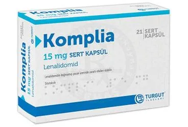 KOMPLIA 15 MG SERT KAPSUL (21 ADET) kutu fotoğrafı, kapsül formunda lenalidomid içerir. Üretici: TURGUT İLAÇLARI A.Ş.