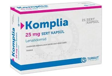 KOMPLIA 25 MG SERT KAPSUL (21 ADET) ambalajı, kapsül formunda lenalidomid içerir. Üretici: TURGUT İLAÇLARI A.Ş.