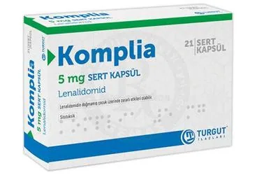 KOMPLIA 5 MG SERT KAPSUL (21 ADET) kutu fotoğrafı. Lenalidomid içeren kapsül. Üretici: TURGUT İLAÇLARI A.Ş.