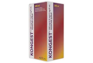 Parasetamol kombinasyon içeren şurup: KONGEST 160 MG+2,5 MG+1 MG/5 ML PEDIATRIK ŞURUP (100 ML) ürün ambalajı. Üretici: AVİXA İLAÇ SANAYİ VE TİCARET ANONİM ŞİRKETİ.
