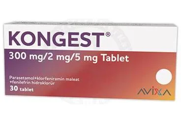KONGEST 300 MG/2 MG/5 MG TABLET (30 ADET kutu fotoğrafı. Parasetamol kombinasyon içeren tablet. Üretici: AVİXA İLAÇ SANAYİ VE TİCARET ANONİM ŞİRKETİ.