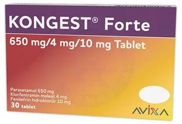 KONGEST FORTE 650 MG/4 MG/10 MG TABLET (30 ADET) (parasetamol kombinasyon) kutusu, tablet. Üretici: AVİXA İLAÇ SANAYİ VE TİCARET ANONİM ŞİRKETİ.