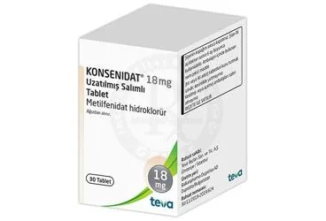 KONSENIDAT 18 MG UZATILMIS SALIMLI TABLET (30 TABLET) kutusu, tablet formunda metilfenidat hidroklorür içerir. Üretici: TEVA İLAÇLARI SANAYİ VE TİCARET A.Ş.