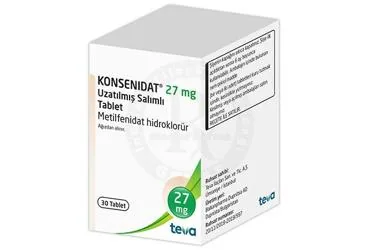 Metilfenidat hidroklorür içeren tablet: KONSENIDAT 27 MG UZATILMIS SALIMLI TABLET (30 TABLET) ürün ambalajı. Üretici: TEVA İLAÇLARI SANAYİ VE TİCARET A.Ş.