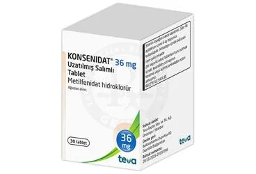 KONSENIDAT 36 MG UZATILMIS SALIMLI TABLET (30 TABLET) kutusu. Metilfenidat hidroklorür içeren tablet. Üretici: TEVA İLAÇLARI SANAYİ VE TİCARET A.Ş.