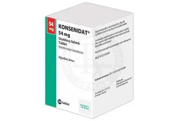 KONSENIDAT 54 MG UZATILMIS SALIMLI TABLET (30 TABLET) ambalajı. Metilfenidat hidroklorür içeren tablet. Üretici: TEVA İLAÇLARI SANAYİ VE TİCARET A.Ş.