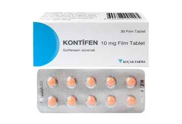 Solifenasin süksinat içeren film kaplı tablet: KONTIFEN 10 MG 30 FILM TABLET ürün ambalajı. Üretici: KOÇAK FARMA İLAÇ VE KİMYA SANAYİ A.Ş.