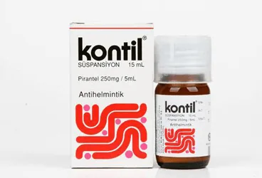 Pirantel pamoat içeren süspansiyon: KONTIL 250 MG / 5 ML SUSPANSIYON (15 ML) ürün ambalajı. Üretici: HÜSNÜ ARSAN İLAÇLARI A.Ş.