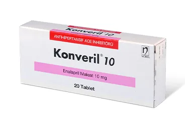 KONVERIL 10 MG 20 TABLET kutusu. Enalapril içeren tablet. Üretici: NOBEL İLAÇ SAN. VE TİC. A.Ş.